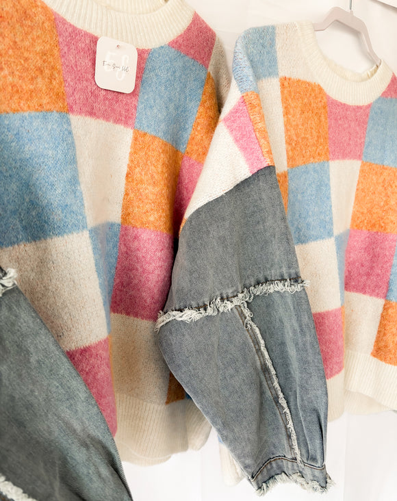 Checkered Denim Sweater